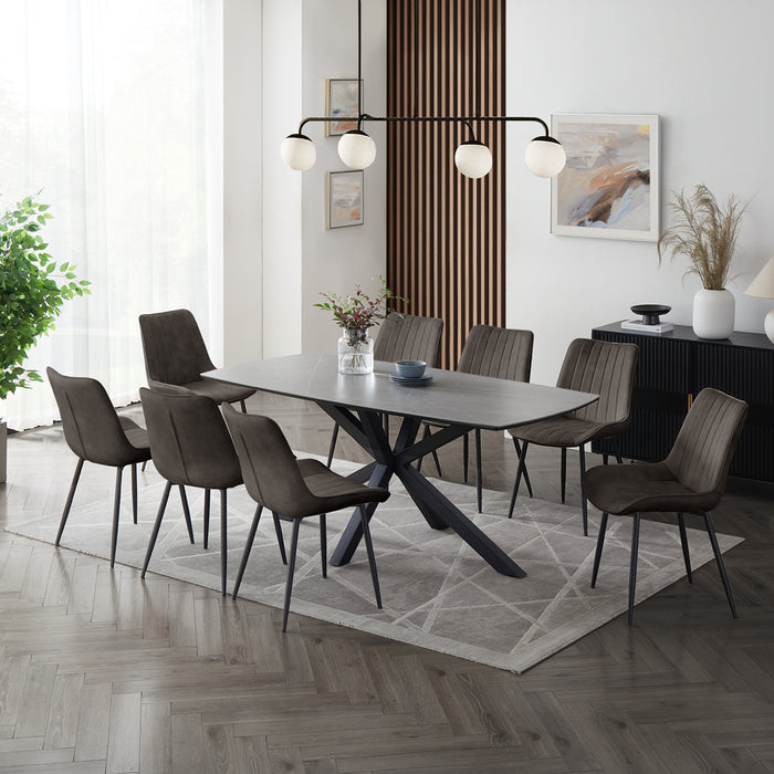 Verona Grey 180cm Ceramic Dining Table & 8 Girona Chairs, Grey Velvet Chair