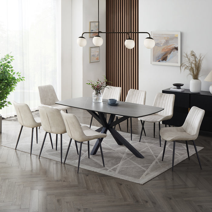 Verona Grey 180cm Ceramic Dining Table & 8 Girona Chairs, Cream Velvet Chair