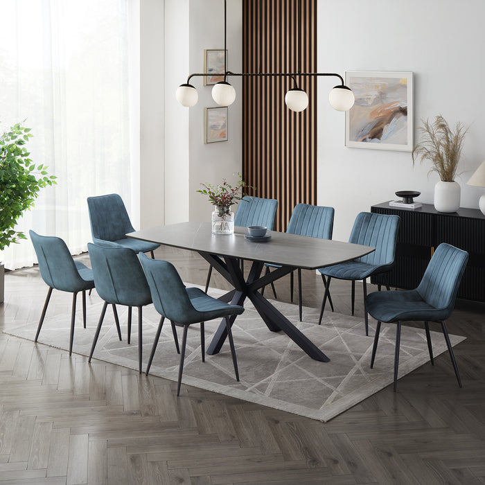 Verona Grey 180cm Ceramic Dining Table & 8 Girona Chairs, Blue Velvet Chair