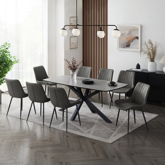 Verona Grey 180cm Ceramic Dining Table & 8 Girona Chairs, Grey Faux Leather Chair