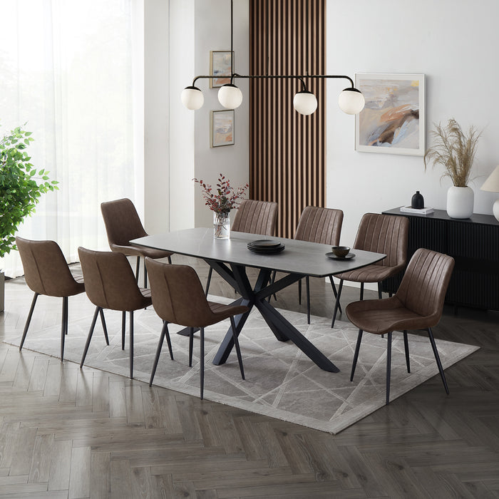 Verona Grey 180cm Ceramic Dining Table & 8 Girona Chairs, Brown Faux Leather Chair