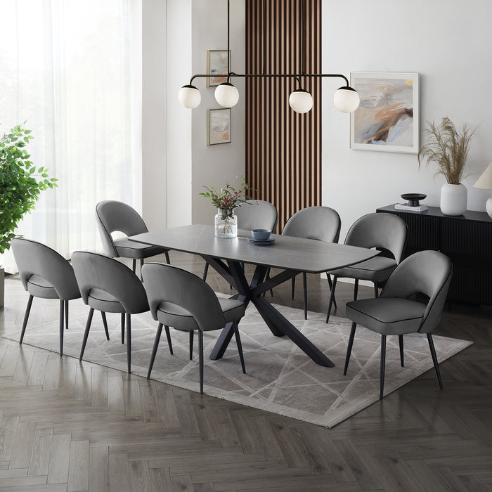 Verona Grey 180cm Ceramic Dining Table & 8 Tiago Chairs, Grey Velvet