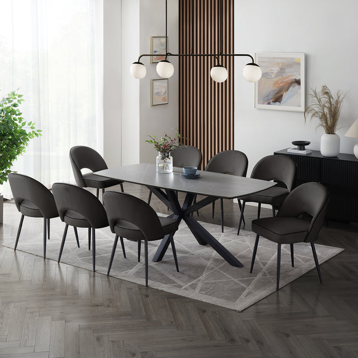 Verona Grey 180cm Ceramic Dining Table & 8 Tiago Chairs, Black Velvet