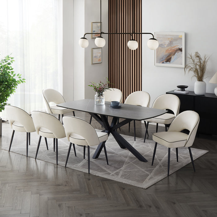 Verona Grey 180cm Ceramic Dining Table & 8 Tiago Chairs, Ivory Velvet