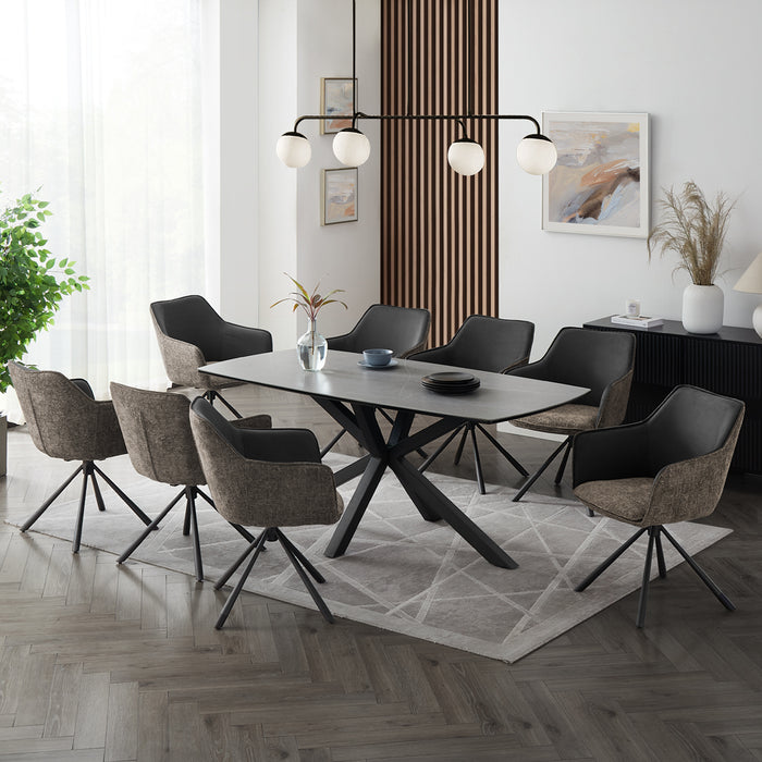 Verona Grey 180cm Ceramic Dining Table & 8 Porto Swivel Chairs, Grey/Beige