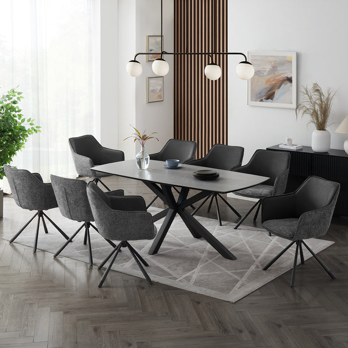 Verona Grey 180cm Ceramic Dining Table & 8 Porto Swivel Chairs, Grey