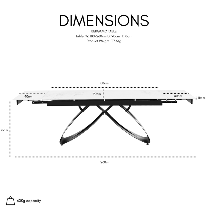 Bergamo Extending 180-260cm Ceramic Dining Table, White