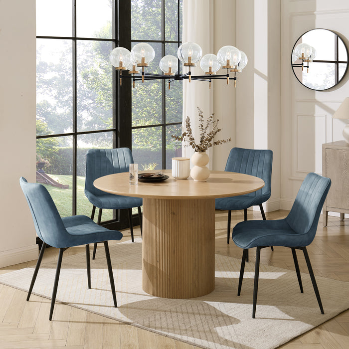 Tokyo Natural Round Dining Table & 6 Girona Chairs, Blue Velvet Chair