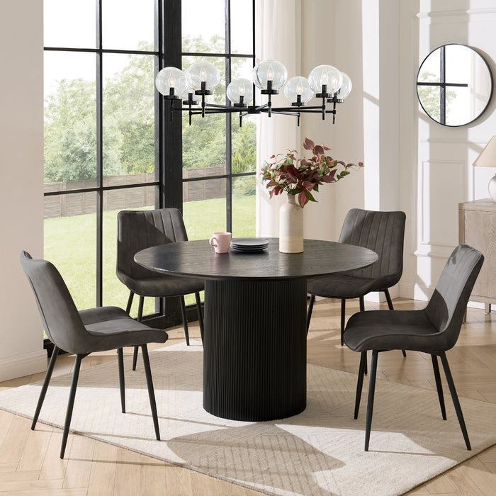 Tokyo Black Round Dining Table & 4 Girona Chairs, Grey Velvet Chair