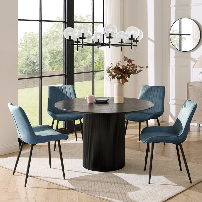 Tokyo Black Round Dining Table & 4 Girona Chairs, Blue Velvet Chair