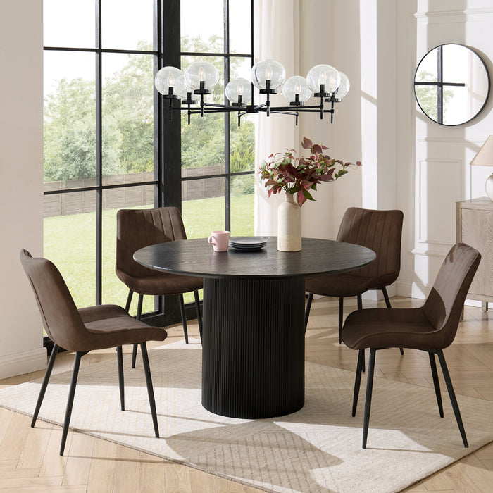 Tokyo Black Round Dining Table & 4 Girona Chairs, Brown Faux Leather Chair