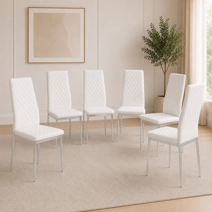 Sierra Faux Leather Dining Chair Set of 6, White with Silver Legs