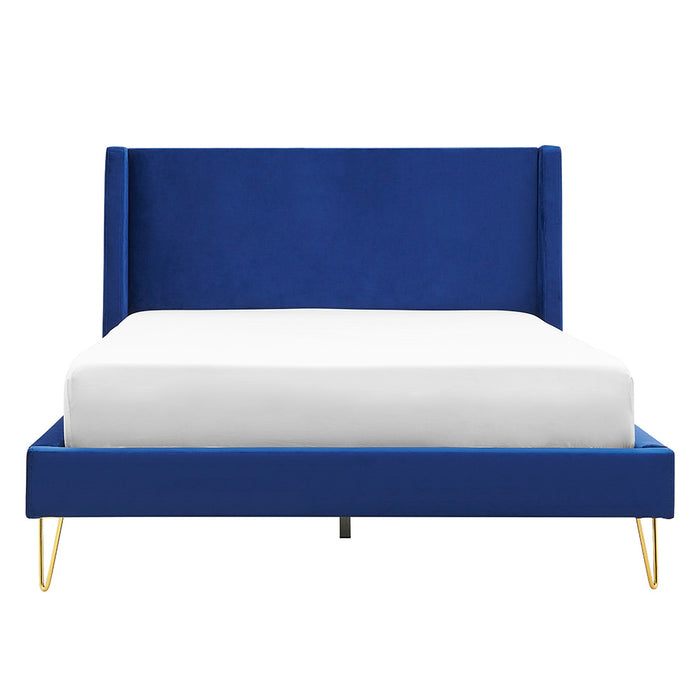 Athena Fabric Bed Frame - King Plush Velvet Bed, Blue