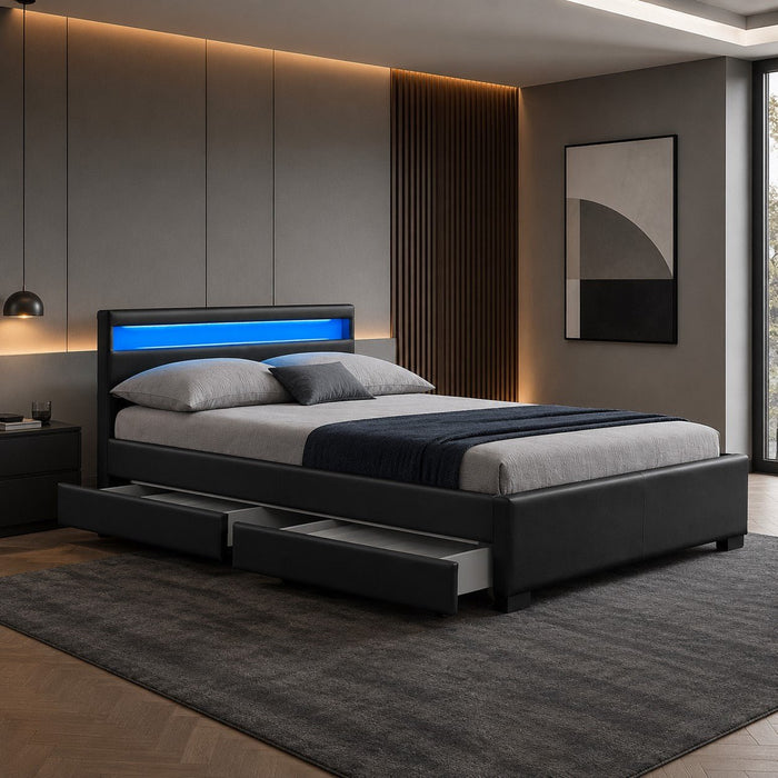 Comet Black LED Bed with Storage Drawers, Double