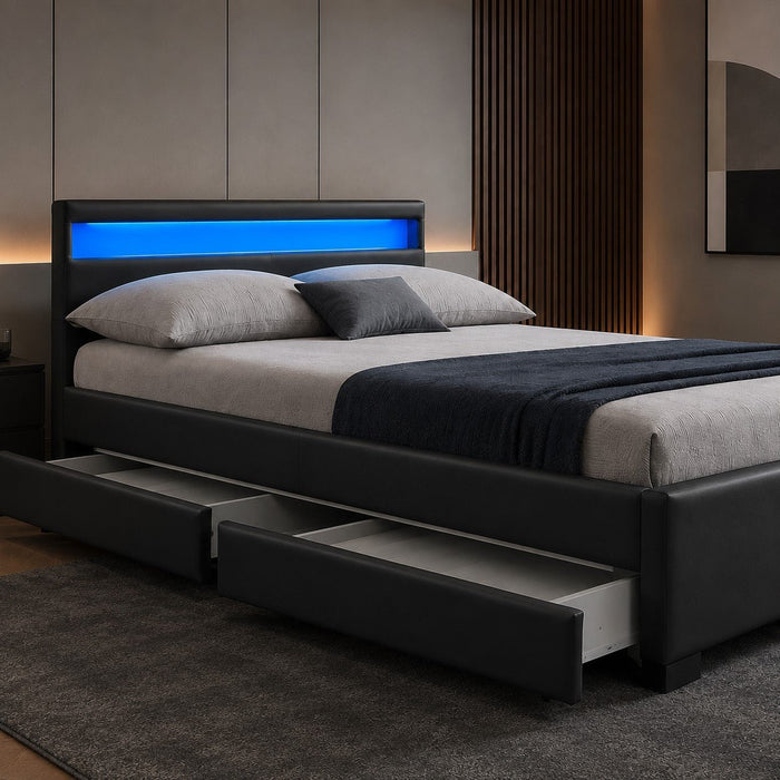 Comet Black LED Bed with Storage Drawers, Double