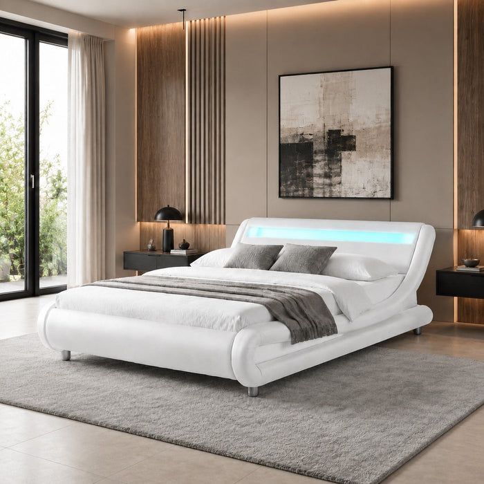 Galaxy Faux Leather Double Bed Frame with LED, White