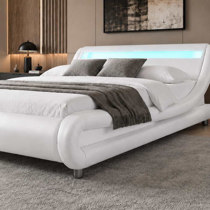 Galaxy Faux Leather Double Bed Frame with LED, White