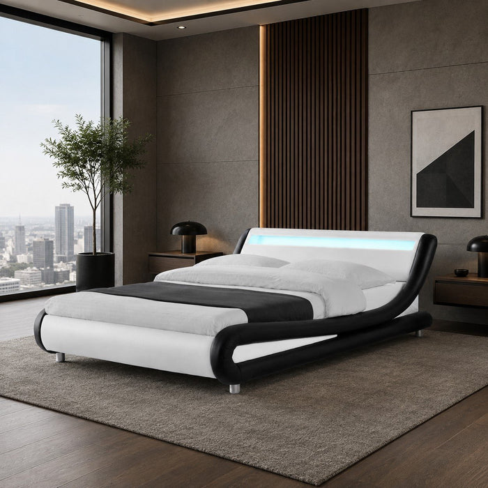 Galaxy Faux Leather King Bed Frame with LED, Black/White