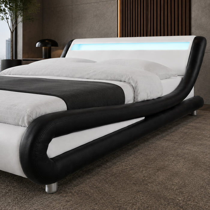 Galaxy Faux Leather King Bed Frame with LED, Black/White