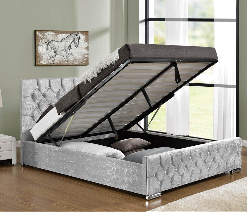 Arya Fabric Ottoman Super King Bed with Storage, Silver Velvet