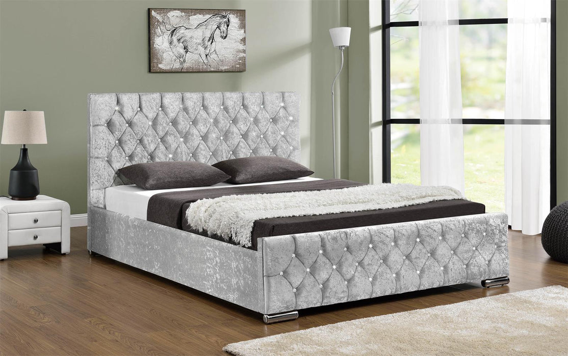 Arya Fabric Ottoman Super King Bed with Storage, Silver Velvet