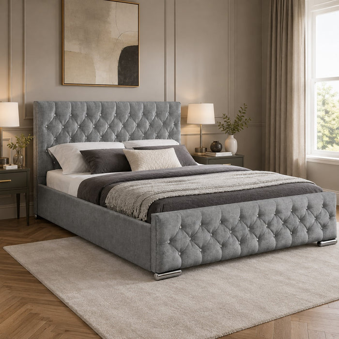 Arya Fabric Ottoman Super King Bed with Storage, Silver Chenille