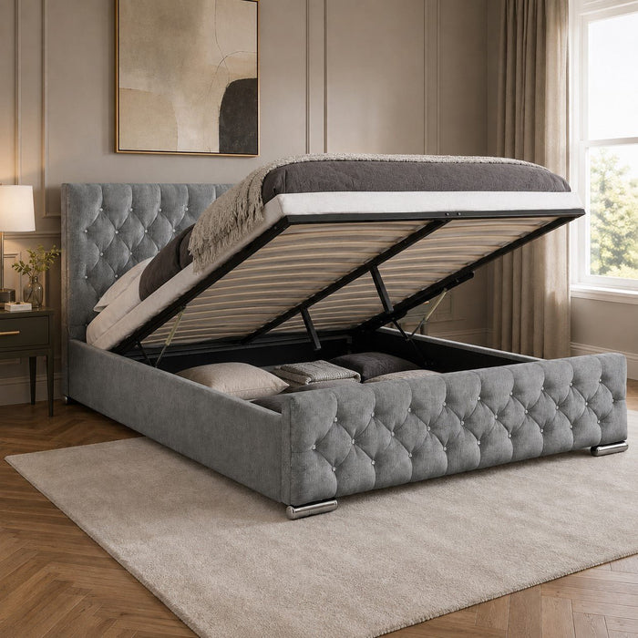 Arya Fabric Ottoman Super King Bed with Storage, Silver Chenille