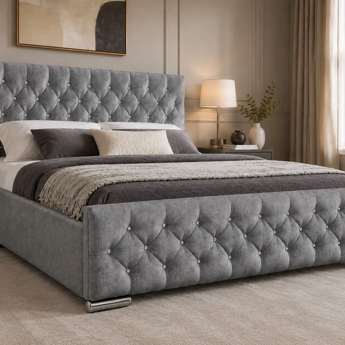 Arya Fabric Ottoman Super King Bed with Storage, Silver Chenille