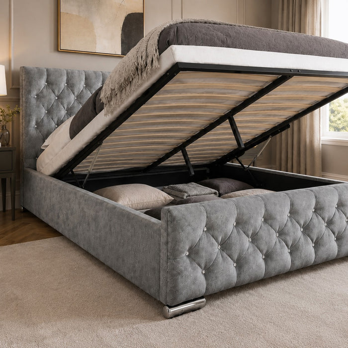 Arya Fabric Ottoman Super King Bed with Storage, Silver Chenille