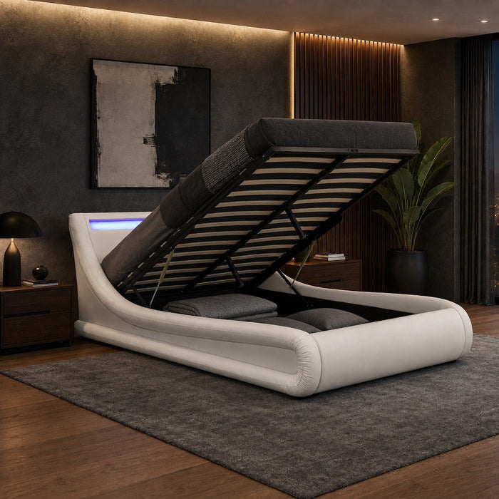 Galaxy Ottoman Double Bed Frame with LED and Storage, White