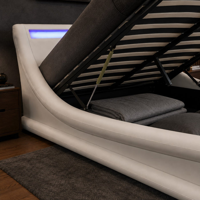 Galaxy Ottoman Double Bed Frame with LED and Storage, White