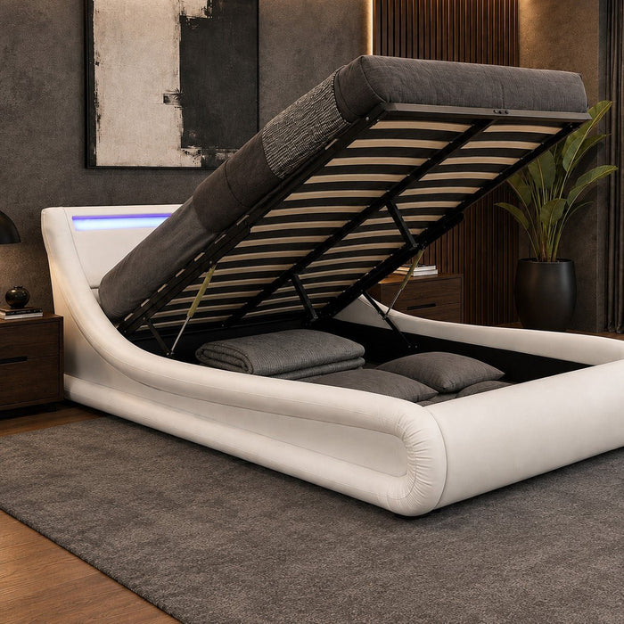 Galaxy Ottoman Double Bed Frame with LED and Storage, White