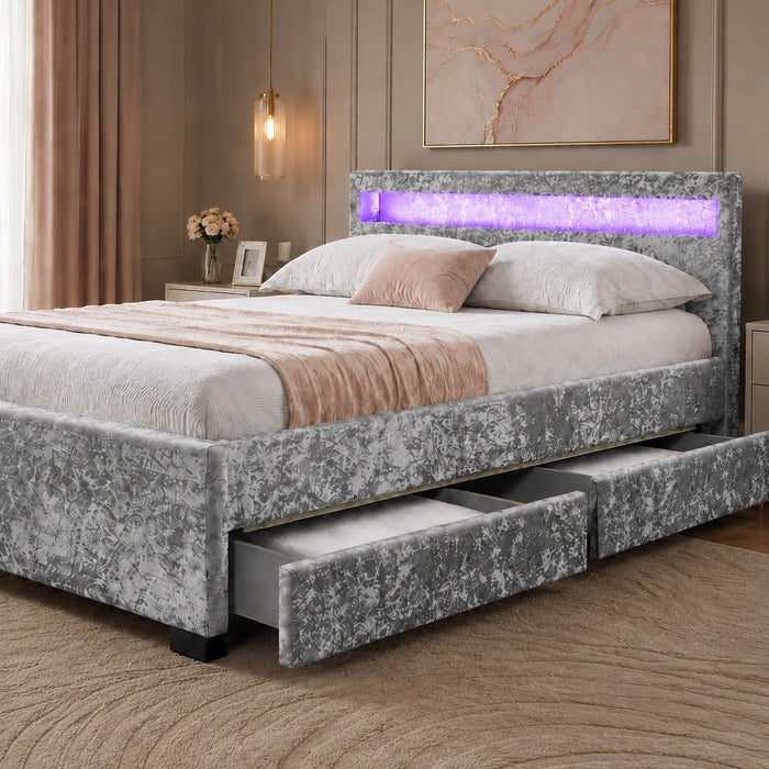 Comet Silver Velvet Double Bed with Under Bed Storage Drawers
