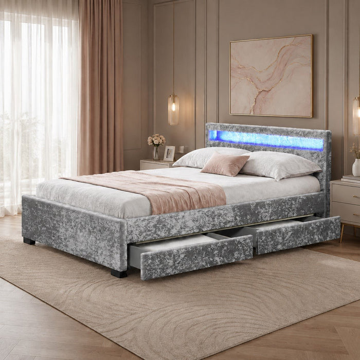 Comet Silver Velvet Double Bed with Under Bed Storage Drawers