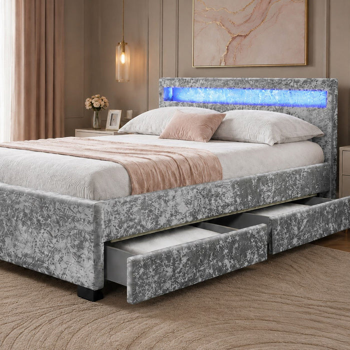 Comet Silver Velvet Double Bed with Under Bed Storage Drawers