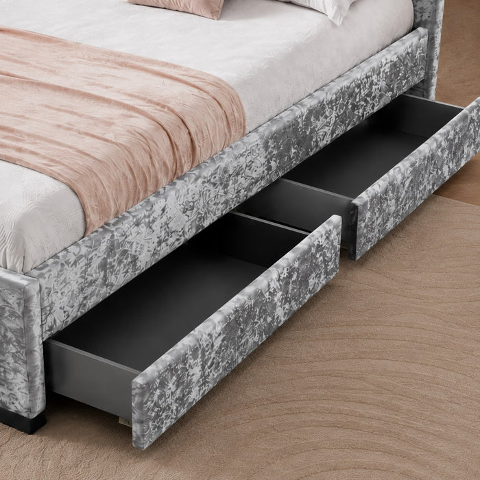Comet Silver Velvet Double Bed with Under Bed Storage Drawers