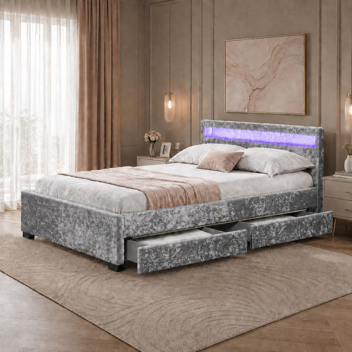 Comet Silver Velvet Double Bed with Under Bed Storage Drawers