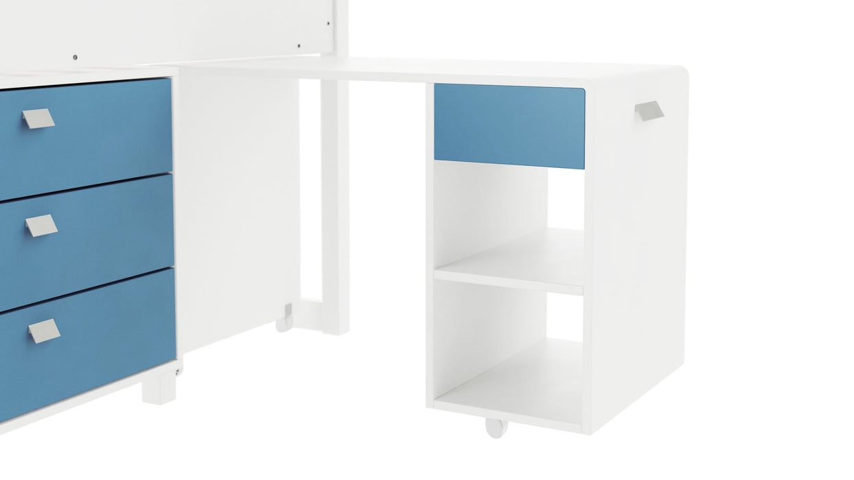 Parker Kids Cabin Bunk Bed with Pull-Out Desk, Chest and Storage, White & Blue