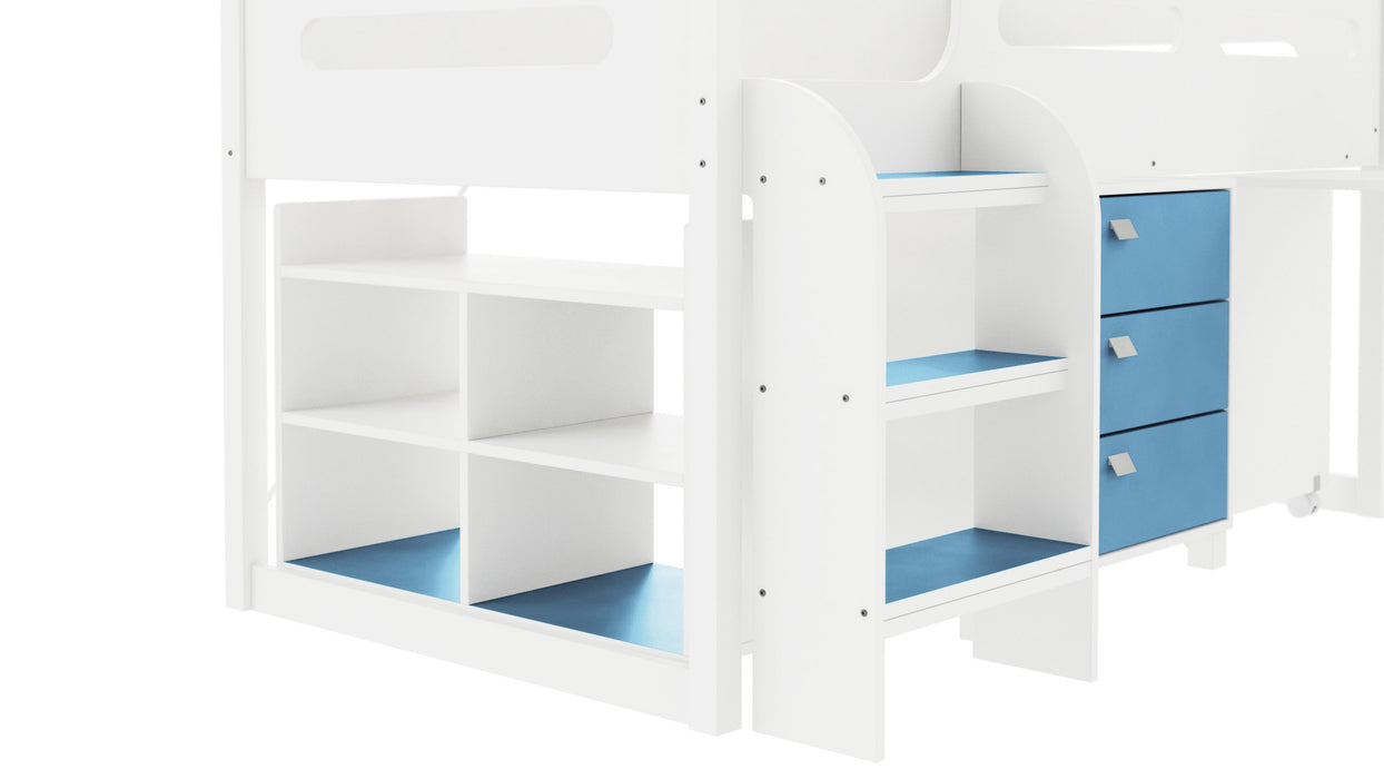 Parker Kids Cabin Bunk Bed with Pull-Out Desk, Chest and Storage, White & Blue