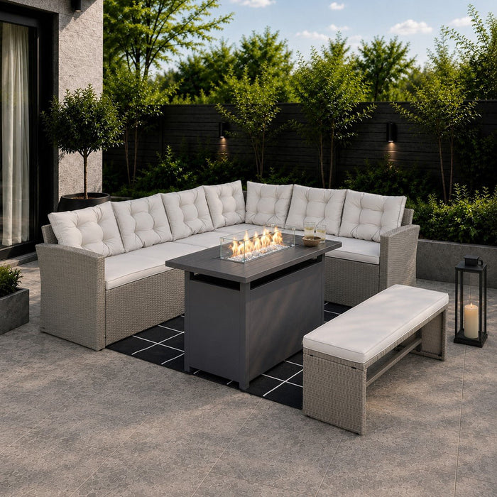 Madeira Corner Garden Rattan Sofa Set with Fire Pit Table, Grey