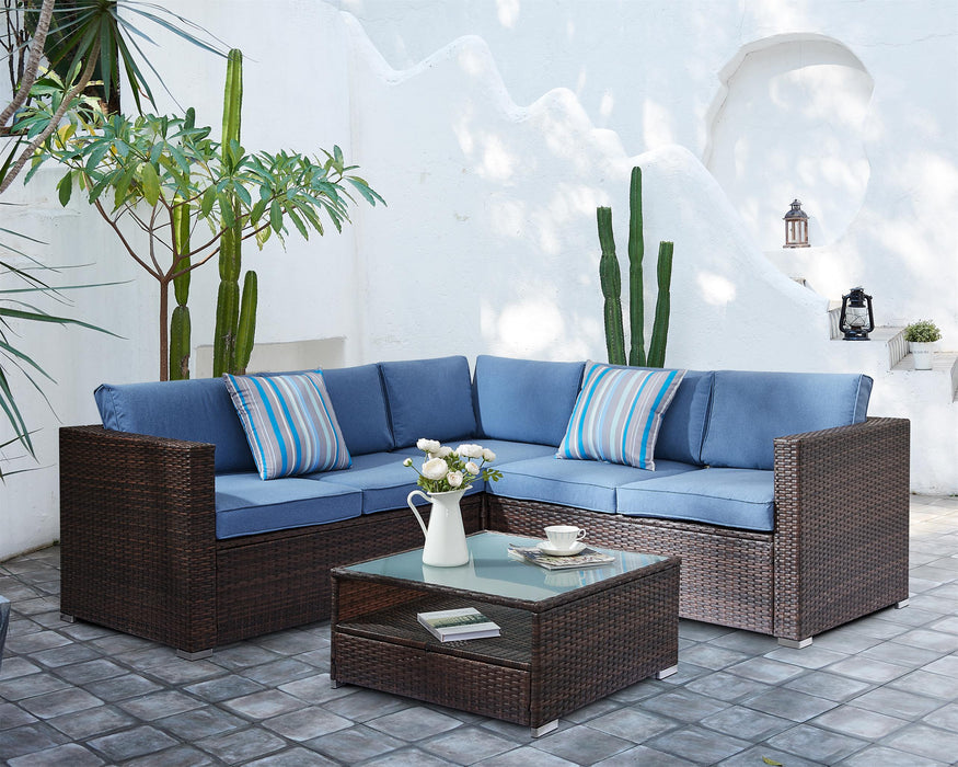 Corner L-Shape Rattan Sofa Garden Lounge Set, Brown with Blue Cushions