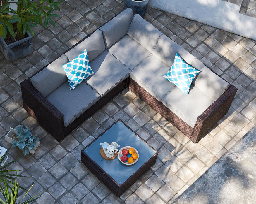 Corner L-Shape Rattan Sofa Garden Lounge Set, Brown with Grey Cushions