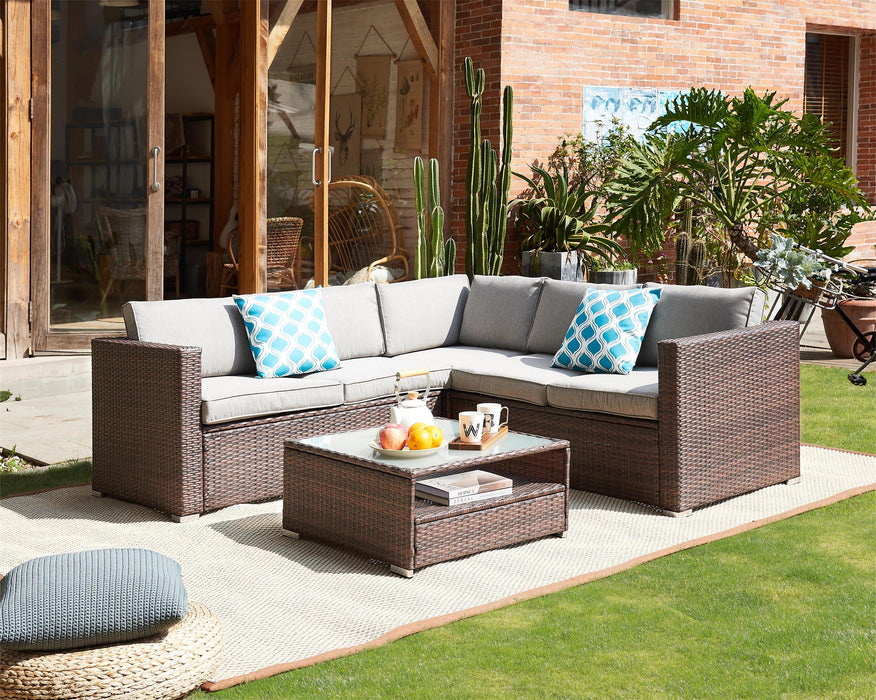 Corner L-Shape Rattan Sofa Garden Lounge Set, Brown with Grey Cushions