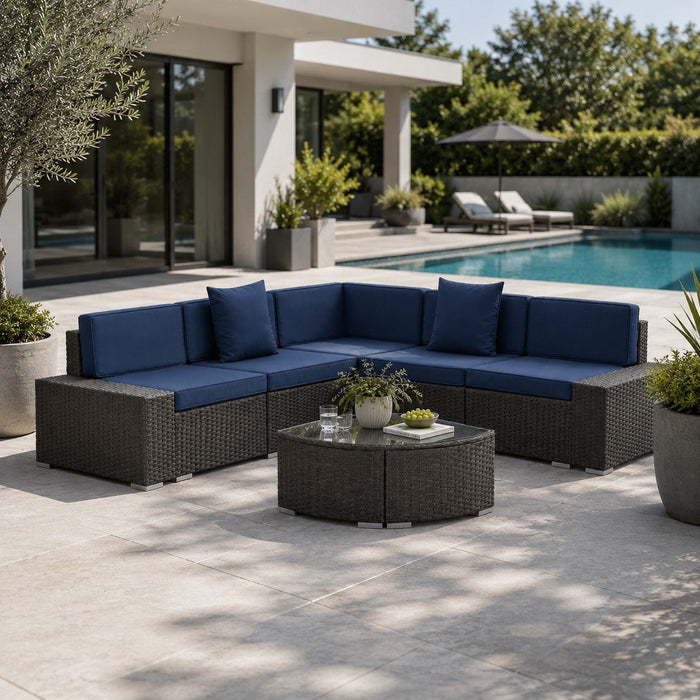 Mijas Corner Rattan Sofa Set, Brown with Blue Cushions