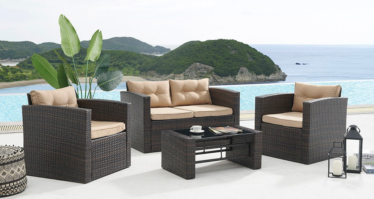 4 Piece Outdoor Sofa Rattan Garden Set with Coffee Table - Brown