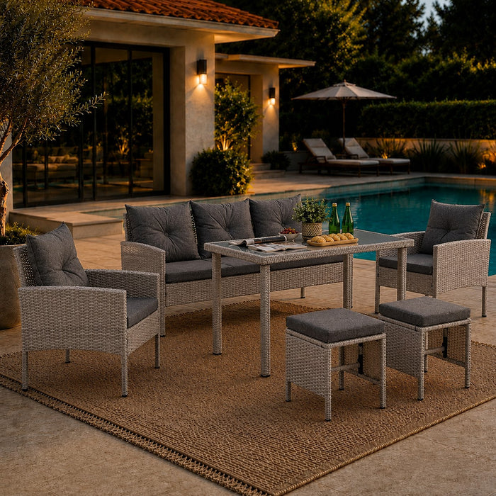 Roma Garden Dining Set with Footstools, Grey