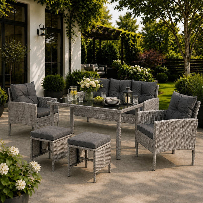 Roma Garden Dining Set with Footstools, Grey