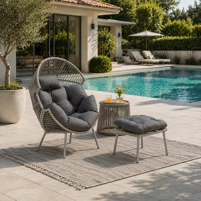 Antigua Rattan Garden Egg Chair with Footstool, Grey