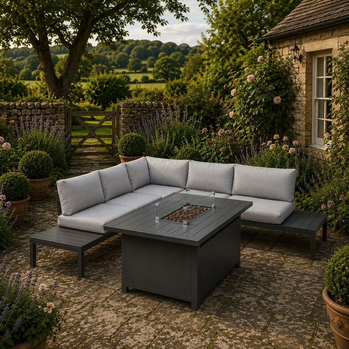 Bahia Luxury Corner Garden Sofa with Fire Pit Table, Grey
