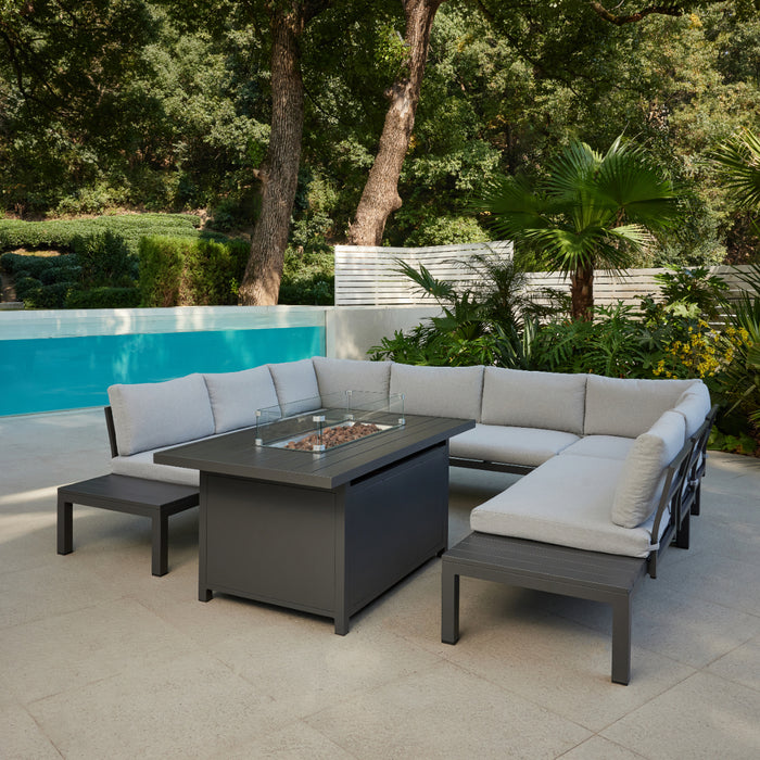 Bahia Luxury U-Shape Garden Sofa with Fire Pit Table, Grey